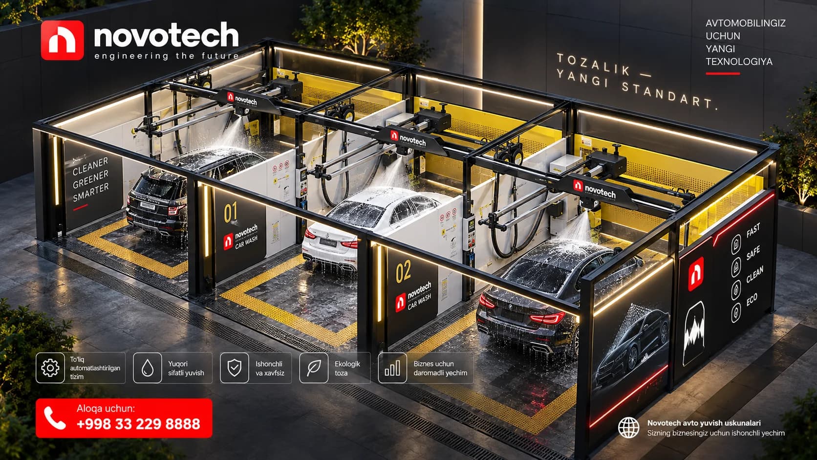 Uch postli shoxobcha yuqoridan: har bir postda robotli yuvish boshi