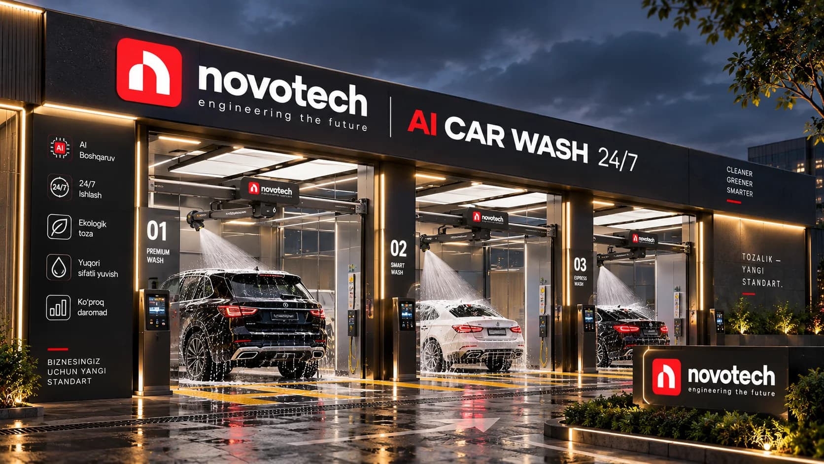 Uch postli NOVOTECH avtomoyka shoxobchasi fasadi, kechki koʻrinish